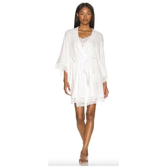 EBERYJEY Mariana Lace Trim Jersey Robe in White Size Small - Picture 1 of 8
